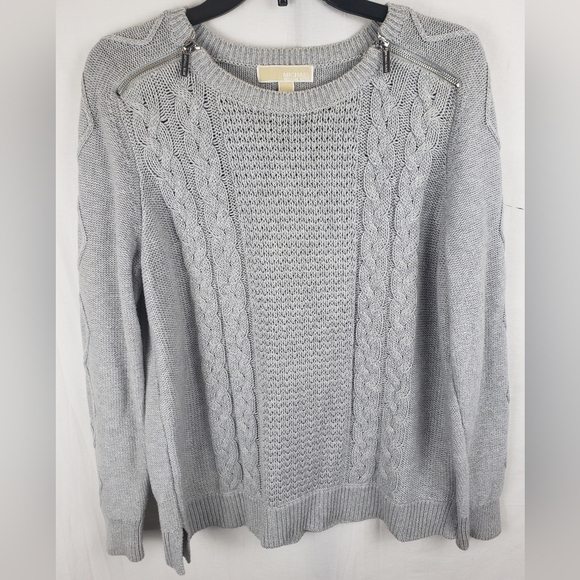 Michael Michael Kors Gray Cable Knit Long Sleeve Sweater with Zipper Accent Sz L - Picture 1 of 11